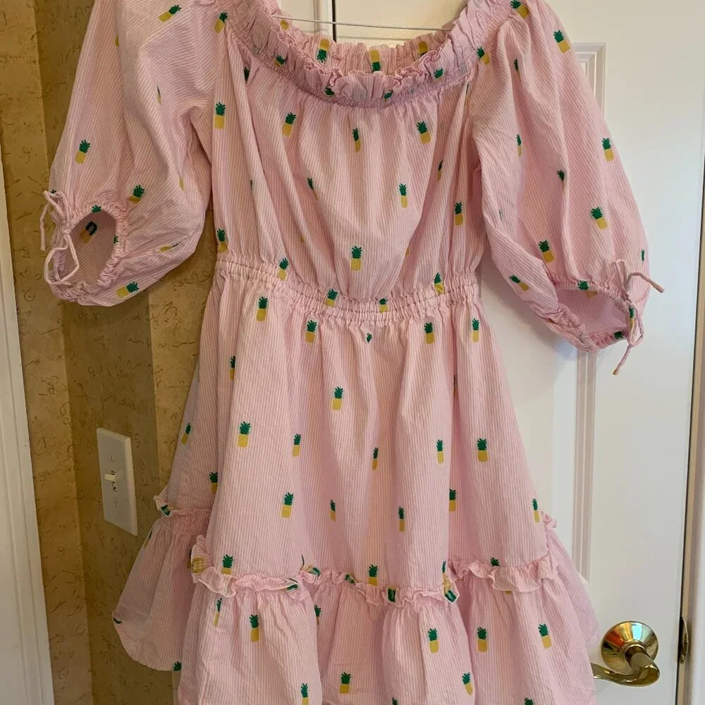 Kate Spade Off Shoulder Pineapple Dress pink embroidered ruffle cotton XS